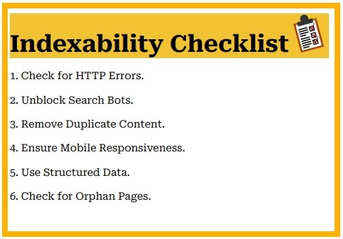 Picture showing a checklist of items needed for indexability